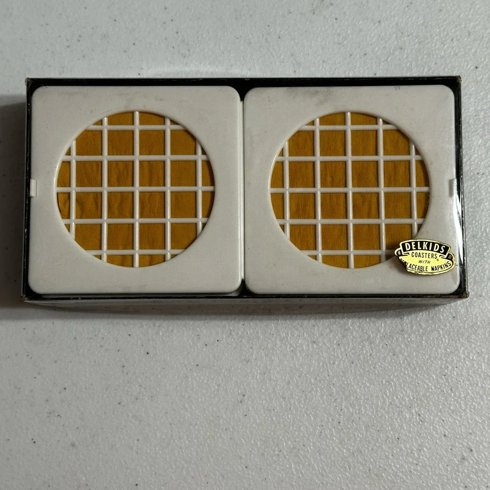 Delkids Coasters w/ Replaceable Paper Napkins Vintage Grid Set of 6 Original Box